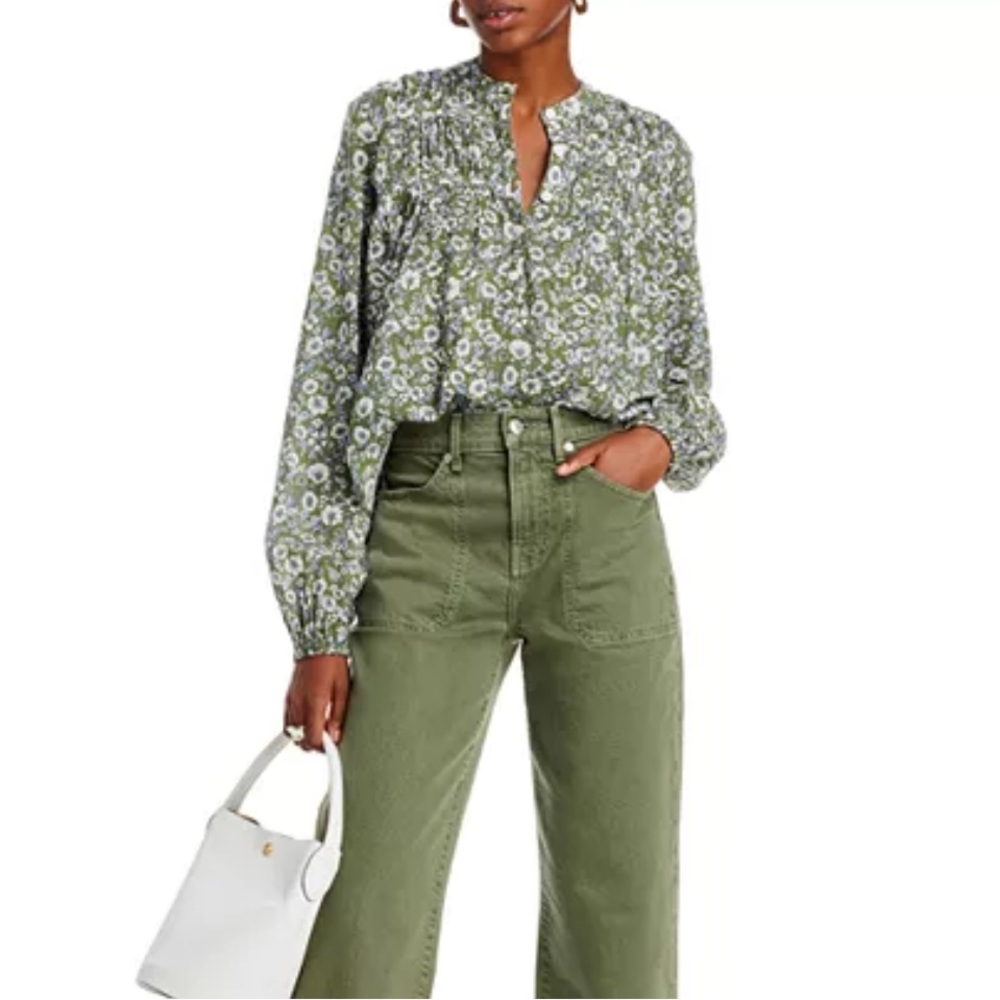 Veronica Beard Green Floral Long-Sleeve Blouse